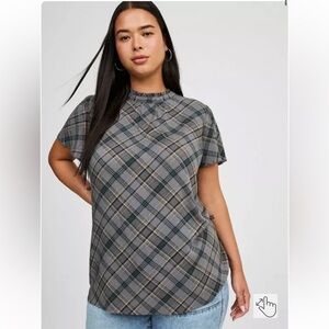 TORRID Rayon Slub Mock Neck Plaid Flutter Sleeve Blouse 2X Gray